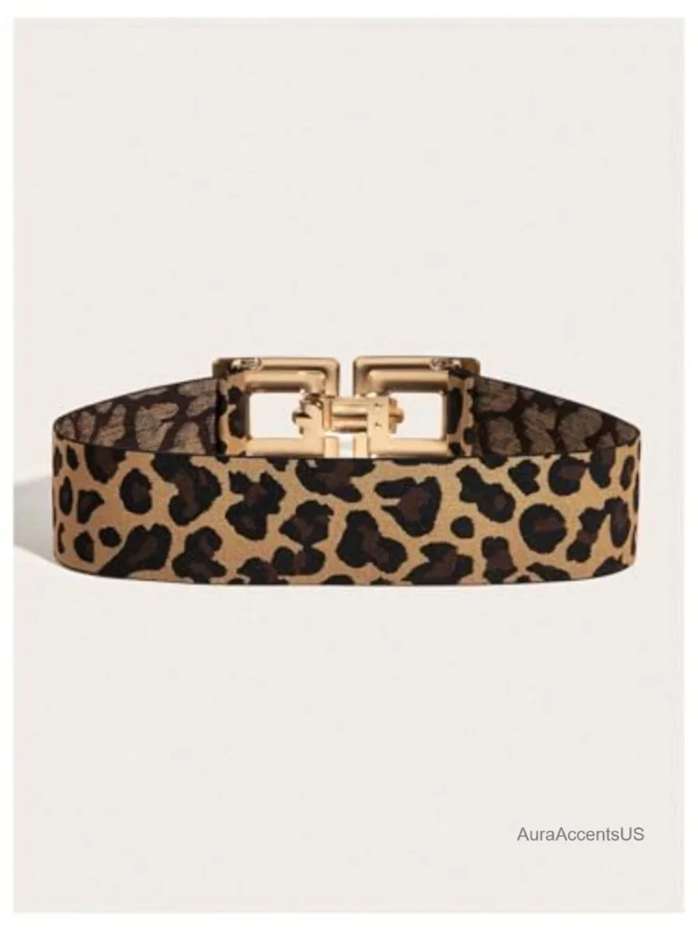 Wide Elastic Belt with Square Symmetrical Buckle Leopard Print